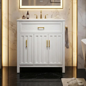 30" Bathroom Vanity with Ceramic Sink, Soft-Close Drawers & Towel Bar – White