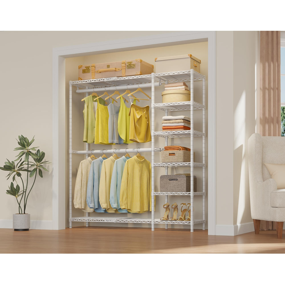 Expandable Freestanding Closet Rack with Shelves and Hanging Rods