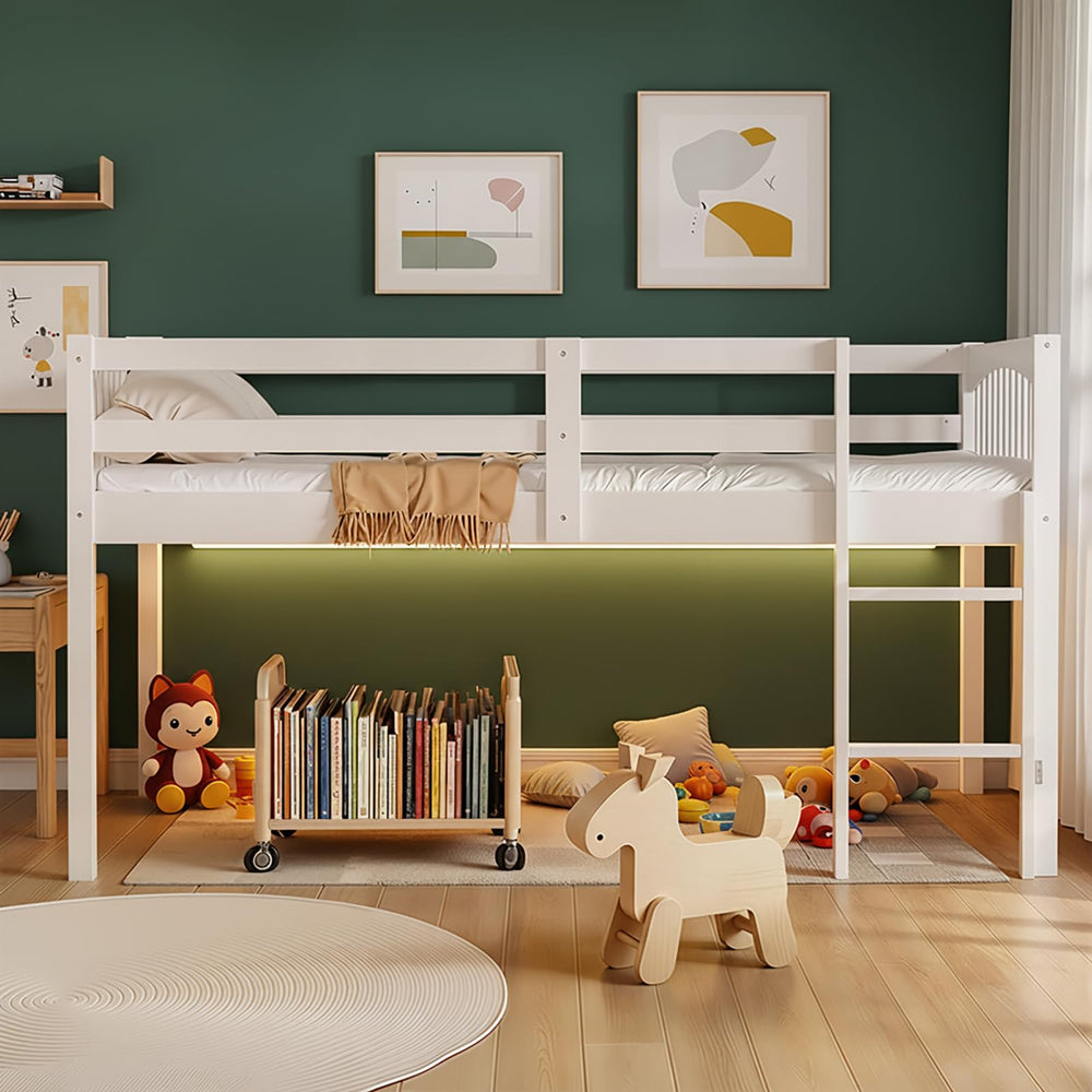 Kids Low Loft Bed Full Size - Solid Wood with LED Lights & USB Ports