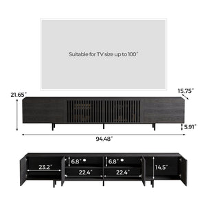 94" Mid-Century Modern Black TV Stand with Wood Slatted Doors & Metal Base