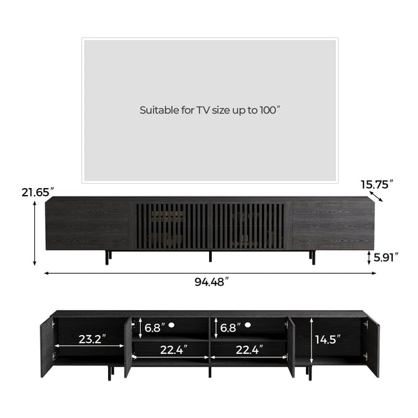 94" Mid-Century Modern Black TV Stand with Wood Slatted Doors & Metal Base