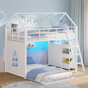 Twin Over Twin House Bunk Bed with LED Lights, Storage Drawers & Safety Guardrail
