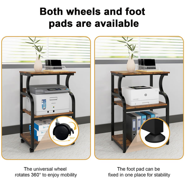 3-Tier Rolling Printer Stand with Adjustable Shelf and Power Outlets