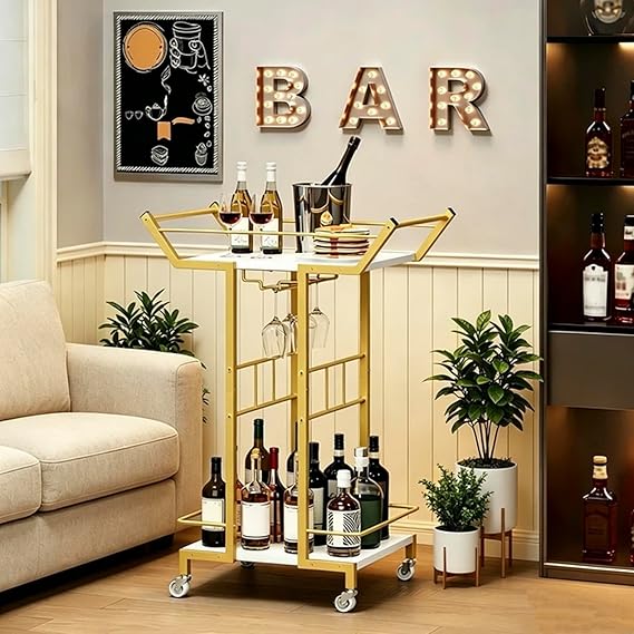 3-Tier Bar Cart with Wine Glass Rack & Wheels