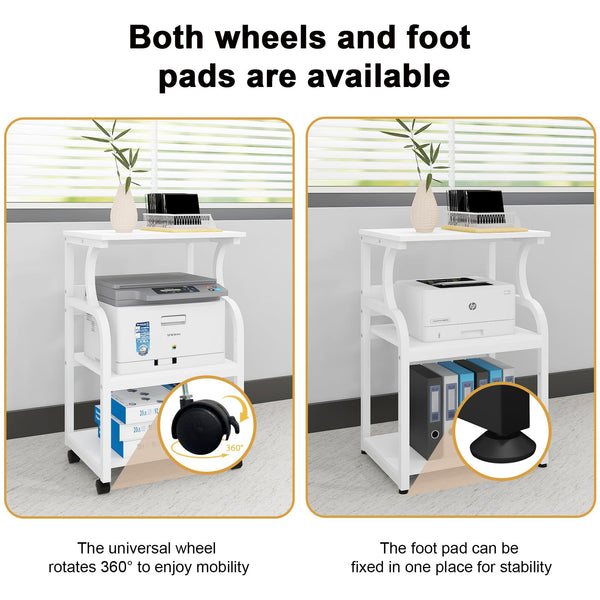 3-Tier Rolling Printer Stand with Adjustable Shelf & Power Outlets