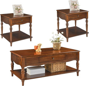 Living Room Coffee Table and End Table Set with Storage Drawers