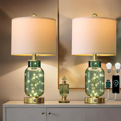 22" Glass Table Lamps Set of 2 with LED Night Light & USB Ports
