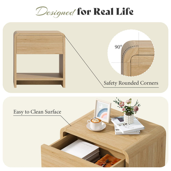 Nightstand Set of 2 with Drawer & Open Shelves – Curved Bedside End Table
