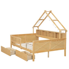 Full Size House Platform Bed with LED Lights, Storage Shelves & Drawers