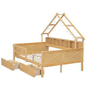 Full Size House Platform Bed with LED Lights, Storage Shelves & Drawers