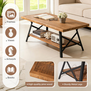 Rustic Brown 2-Tier Pine Wood Coffee Table with Metal X-Legs