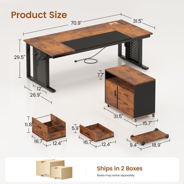 L-Shaped Executive Desk with Rolling File Cabinet, Power Outlets, CPU Stand & Pegboard