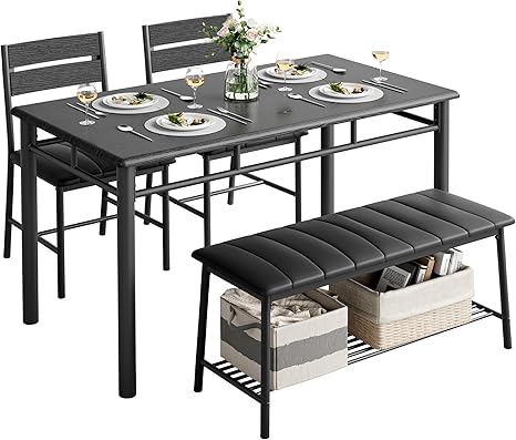 4-Piece Dining Table Set with Bench and 2 Upholstered Chairs