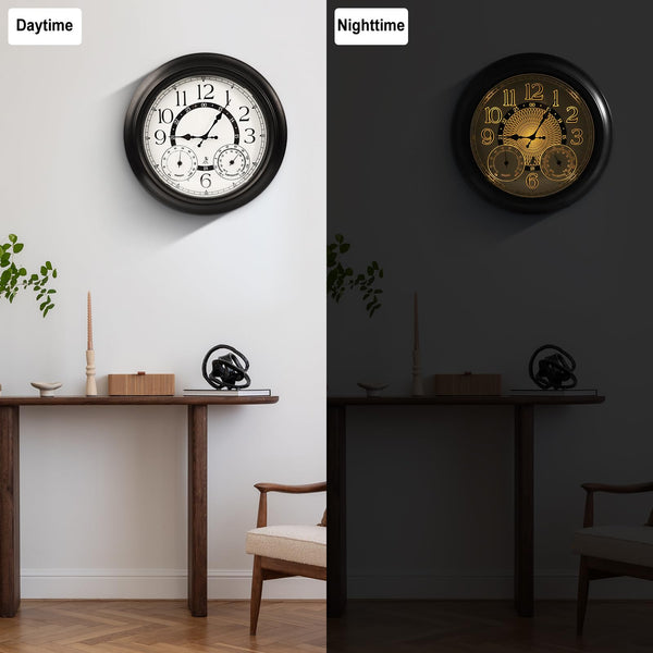 18-Inch Outdoor Wall Clock with Thermometer, Hygrometer & Auto Light Sensor