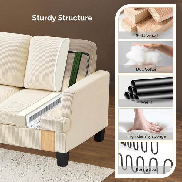 Beige Corduroy 3-Seater Sofa with Deep Seat