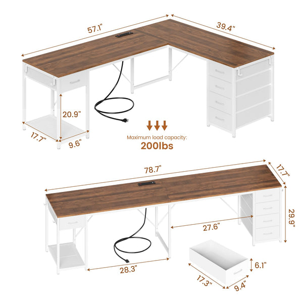 L-Shaped Desk with Drawers & Built-In Power Strip