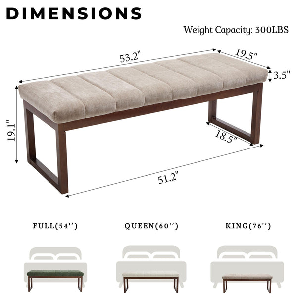 Chummaven 53'' Upholstered Chenille Entryway Bench, Channel Tufted End of Bed Bench Modern Ottoman with Walnut Wood Legs, Padded Window Bench with Storage for Bedroom, Living Room, Camel