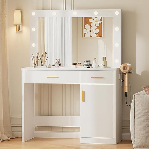 Vanity Desk with LED Mirror, Charging Station & Storage