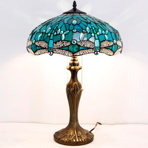 Tiffany Table Lamp Sea Blue Green Dragonfly Stained Glass 16" Shade 24" Height