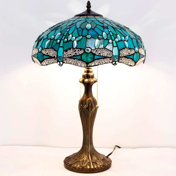 Tiffany Table Lamp Sea Blue Green Dragonfly Stained Glass 16" Shade 24" Height