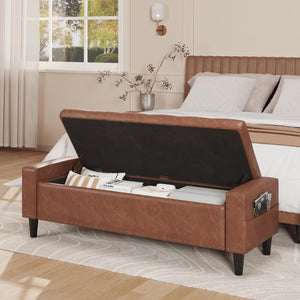 60" Upholstered Storage Ottoman Bench with Tufted Faux Leather & Nailhead Trim