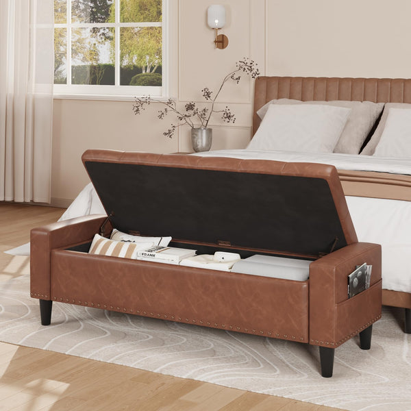 60" Upholstered Storage Ottoman Bench with Tufted Faux Leather & Nailhead Trim