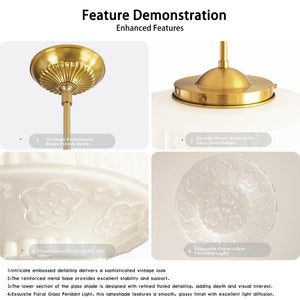 Vintage Milk Glass Pendant Light – White Floral, E26