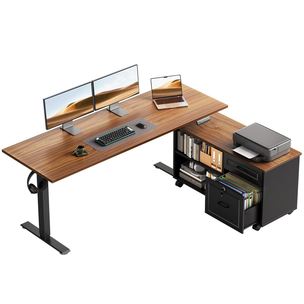 L-Shaped Electric Standing Desk with File Cabinet, 55 Inch Height Adjustable Sit-Stand Computer Desk