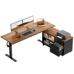 L-Shaped Electric Standing Desk with File Cabinet – 55 Inch