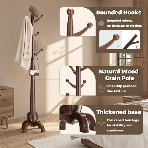 Solid Wood Freestanding Coat Rack with 8 Hooks