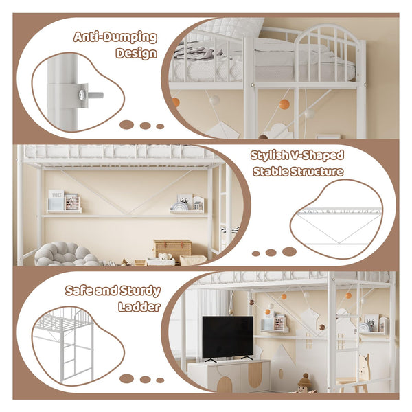 Twin Size Metal Loft Bed with Ladder and Guardrail