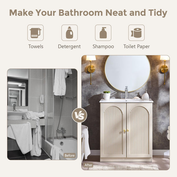 30 Inch Arched Fluted Bathroom Vanity with Ceramic Sink