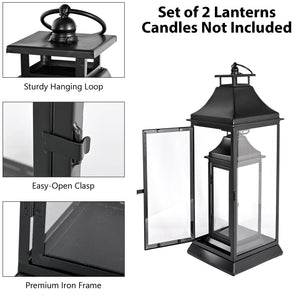 Black Metal Candle Lantern Set of 2 with Glass Panels