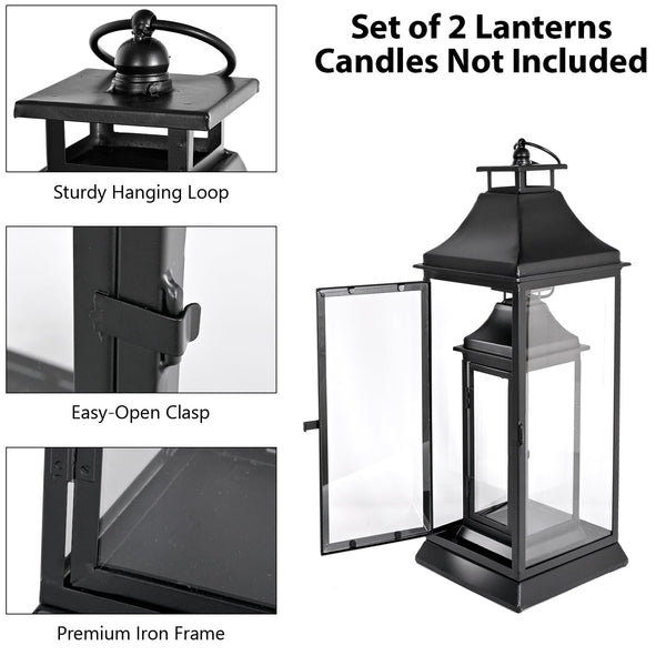 Black Metal Candle Lantern Set of 2 with Glass Panels
