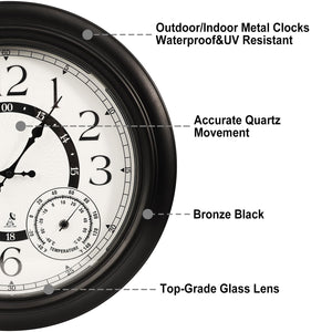 18-Inch Outdoor Wall Clock with Thermometer, Hygrometer & Auto Light Sensor