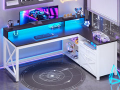 L-Shaped Desk with Drawers, LED Lights & Power Outlet