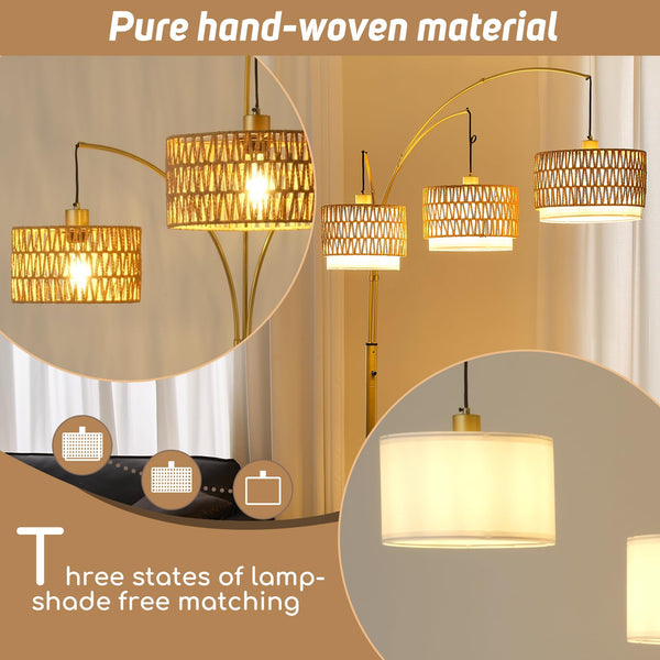 3-Light Arc Floor Lamp with Rattan Wicker Shades, 80 Inch Tall Standing Lamp