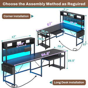 L-Shaped Gaming & Home Office Desk with Power Outlet, LED Lights & Pegboard