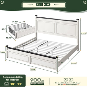 Farmhouse King Bed Frame with Storage Drawers & Headboard, White