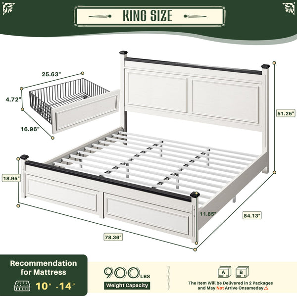 Farmhouse King Bed Frame with Storage Drawers & Headboard, White