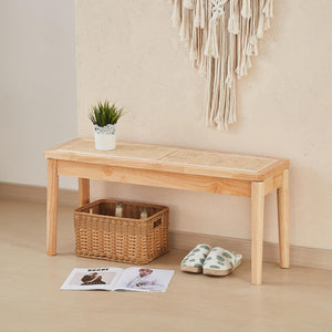 40" Wooden Dining Bench with Woven Rattan Seat