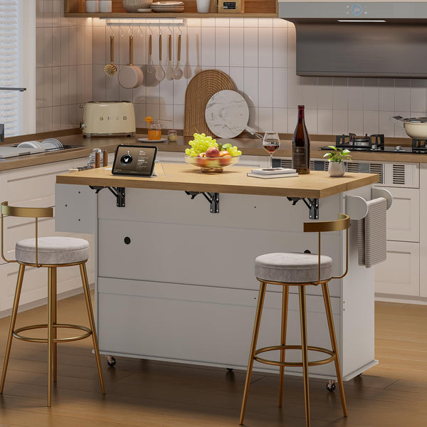 Kitchen Island Cart with Drop Leaf & Power Outlet