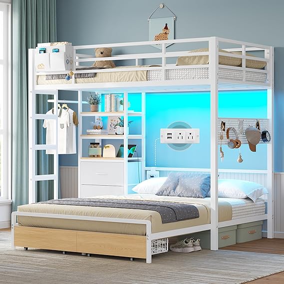 Twin Over Full Metal Bunk Bed with Storage Drawers, Bookshelf & LED Lights