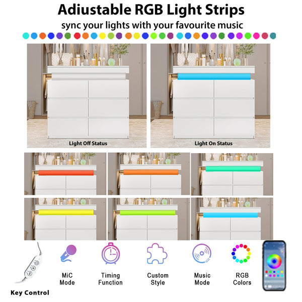 6-Drawer Dresser with Flip-Top Storage, LED Lights & Charging Station