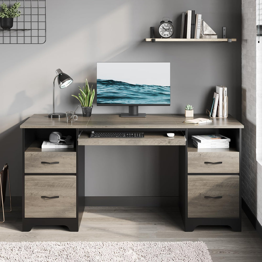 59-Inch Executive Office Desk with 4 Drawers, File Drawer, Keyboard Tray & Dual Pedestals