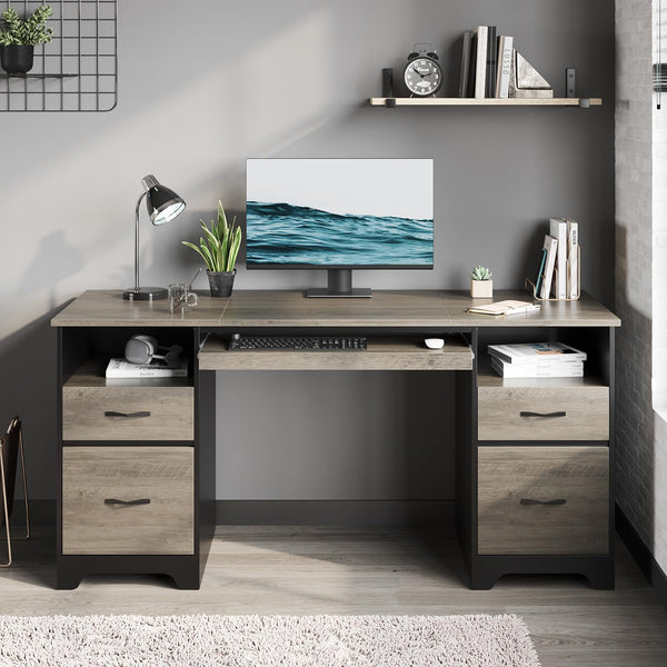 59-Inch Executive Office Desk with 4 Drawers, File Drawer, Keyboard Tray & Dual Pedestals
