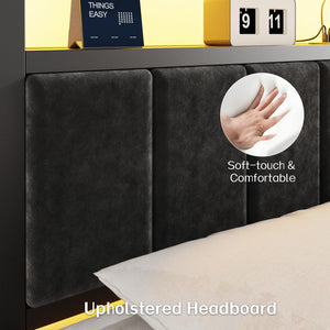 King Bed Frame with LED Lights & Charging Station