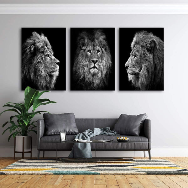 Black & White Lion Canvas Wall Art – 3 Piece Framed Set