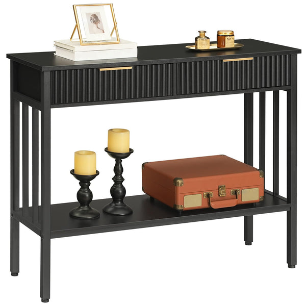Narrow Fluted Console Table with 2 Drawers & Storage Shelf – Black Entryway Table