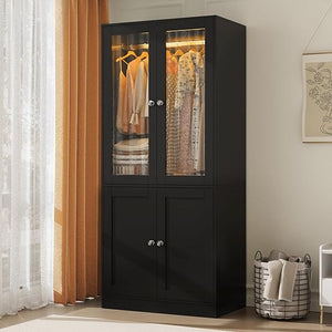 Wardrobe Closet with Glass Doors, LED Lighting & Drawers